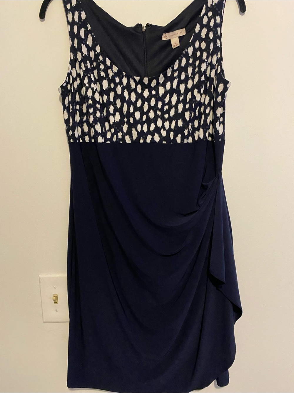 Sleeveless Navy Midi Dress with White Printed Bodice, sparkles at the top
